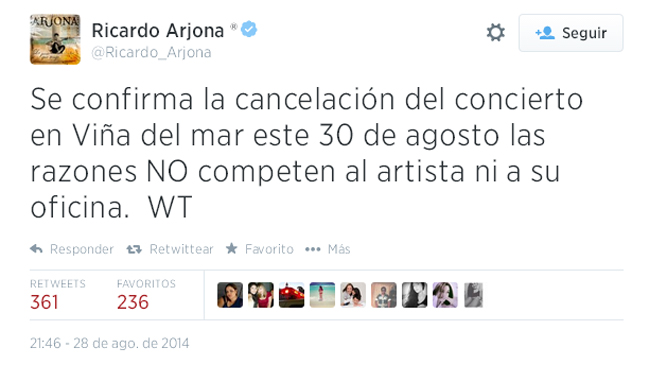  Ricardo Arjona, confirma a través de Twitter la cancelación de su  concierto en Viña del Mar 
