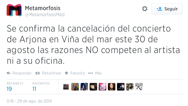  Ricardo Arjona, confirma a través de Twitter la cancelación de su  concierto en Viña del Mar 